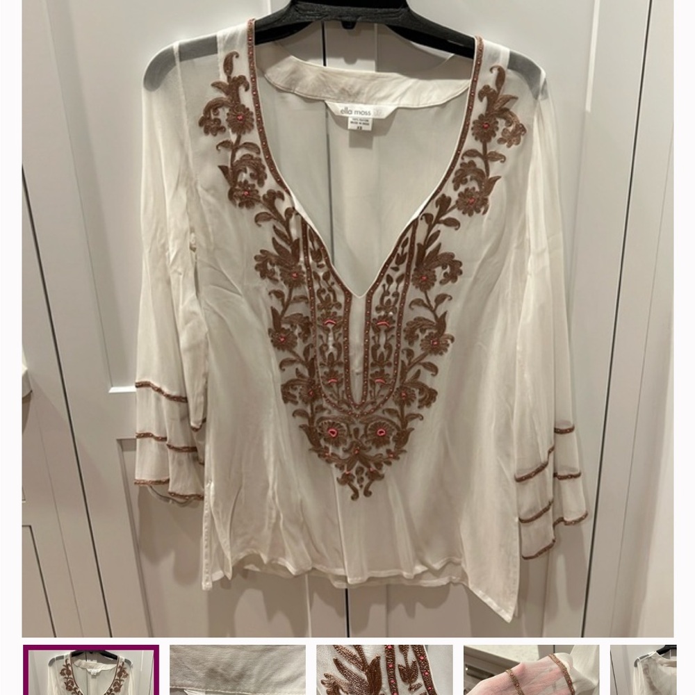 Ella Moss White and Tan Embroidered Women's Top coverup. Sheer size M